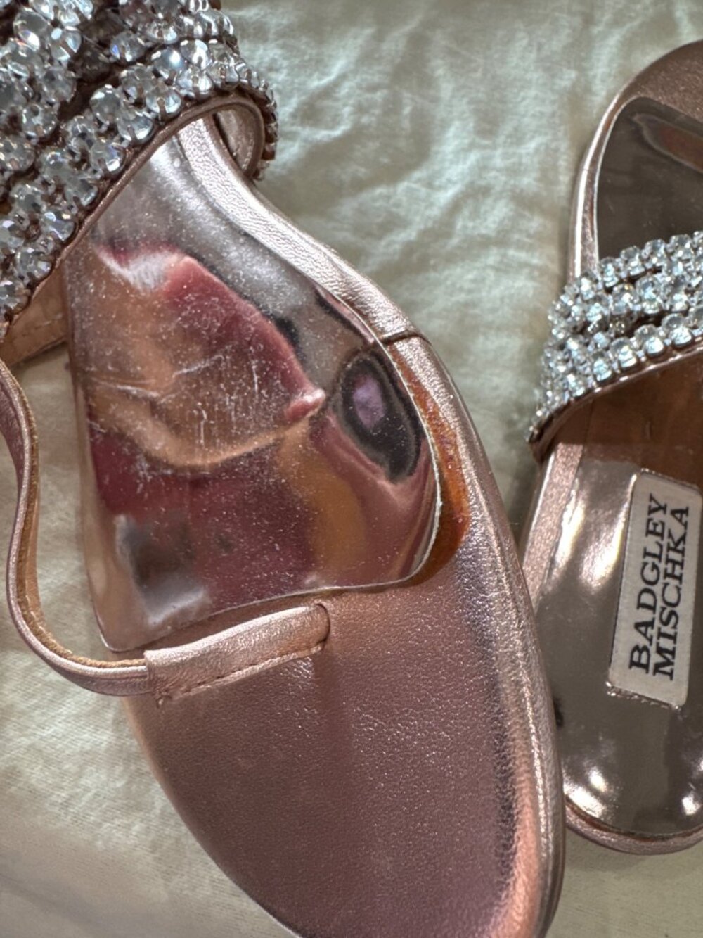 Badgley Mischka Rose Gold Rhinestone Embellished Leather Sandals Size 8 - Picture 7 of 8
